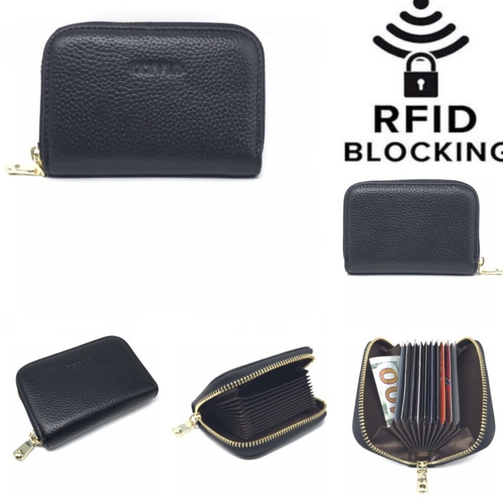 RFID Blocking Leather Zip Around Wallet-Black
